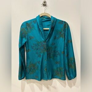 90s Plisse Turquoise Floral Blouse